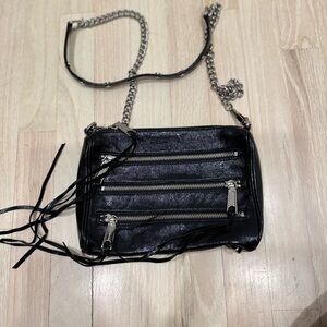 Rebecca Minkoff 3 Zip Front Black Patent Leather and Silver Crossbody Bag